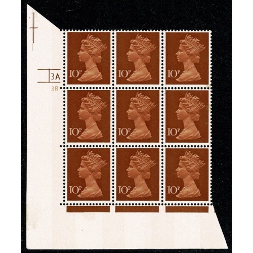 10p orange-brown & chestnut FCP/PVA 2B. Cyl. 3A3B no dot p1 block of nine.