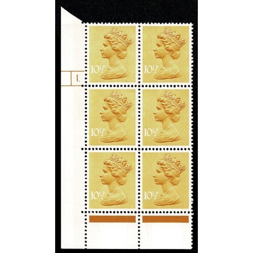 10½p yellow FCP/PVAD 2B.  Cyl. 1 dot p17 block of six.