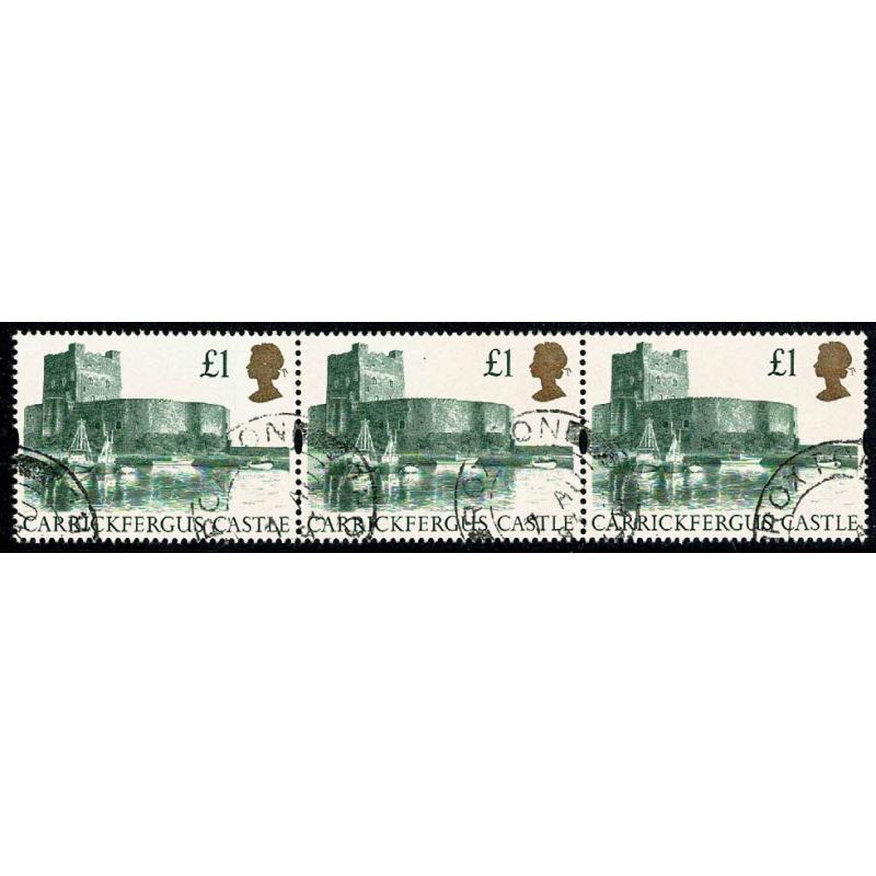 1992 £1 Castle. SG 1611. Fine used strip of three..