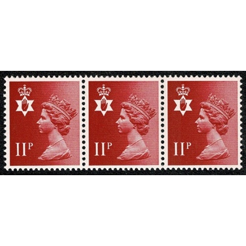 11p Scarlet FCP/PVAD.  MISSING PHOSPHOR & LEFT BAND OMITTED & normal . Unmounted mint stripSG NI30y / NI30 var / normal