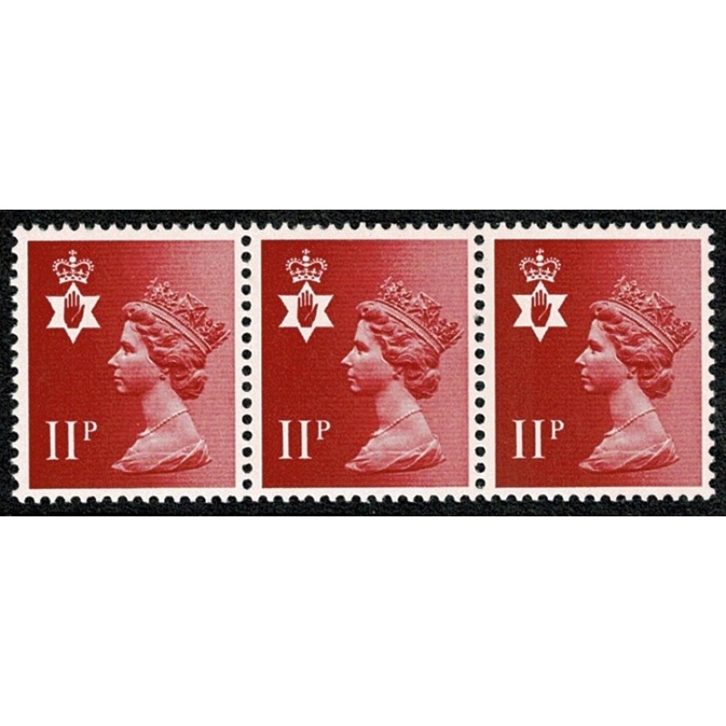 11p Scarlet FCP/PVAD.  MISSING PHOSPHOR & LEFT BAND OMITTED & normal . Unmounted mint stripSG NI30y / NI30 var / normal