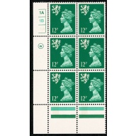 Scotland. Waddington. 12p Emerald FCP/PVA  LB  Plate 1A 1B no dot.  Perf 13¾ x 14 Cyl. Block of 6.