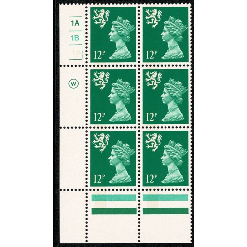 Scotland. Waddington. 12p Emerald FCP/PVA  LB  Plate 1A 1B no dot.  Perf 13¾ x 14 Cyl. Block of 6.