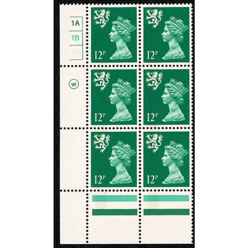 Scotland. Waddington. 12p Emerald FCP/PVA  LB  Plate 1A 1B no dot.  Perf 13¾ x 14 Cyl. Block of 6.