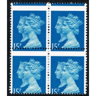 1990 1d Black Anniversary 15p new blue. PERFORATION SHIFT. Block of 4.