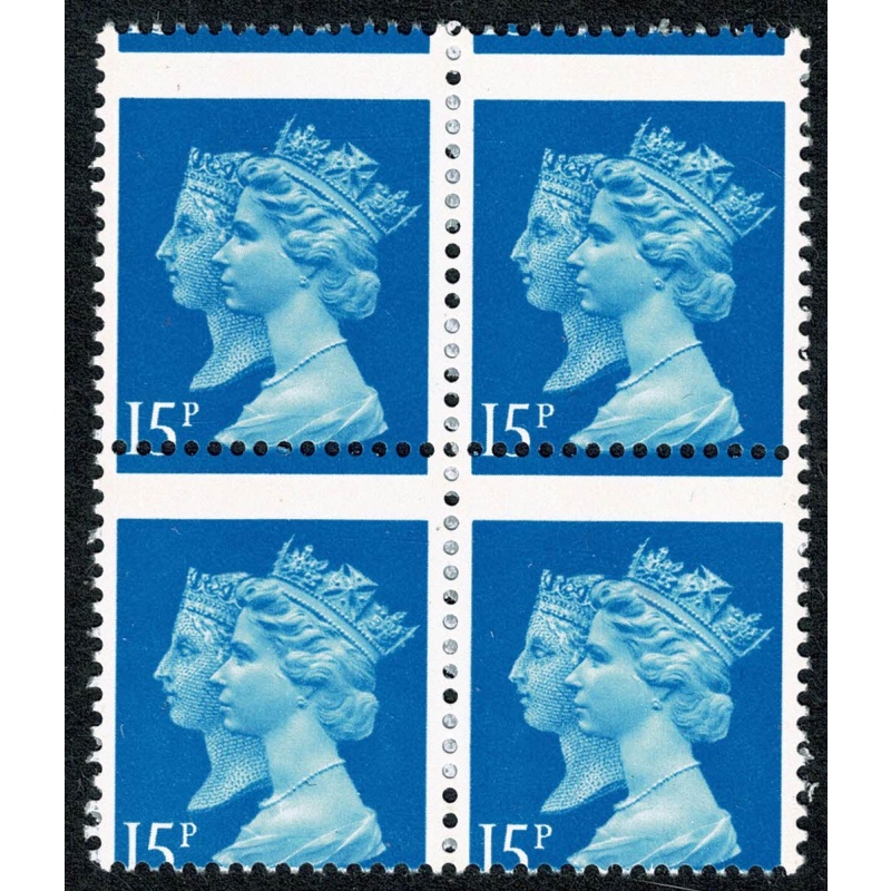 1990 1d Black Anniversary 15p new blue. PERFORATION SHIFT. Block of 4.