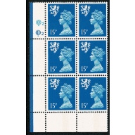 Scotland. 15p Bright blue FCP/PVA  CBar.  Plate Q2 Q2.  Perf 14¾ x 14 Cyl. Block of 6.