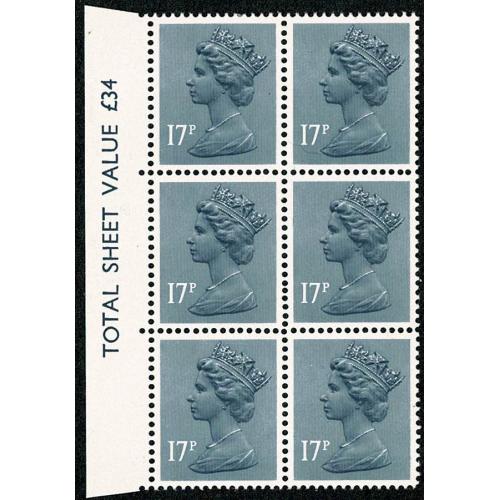 17p slate blue (bright shade) ACP/PVAD ex Cyl.10. 17 pin perf error block of six.