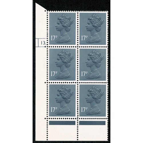 17p slate blue (deep grey shade) ACP/PVAD. Cyl.13 dot block of six 17 pin perf error.