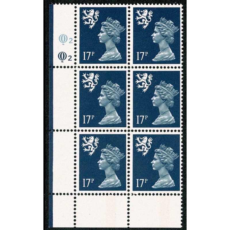 Scotland. Questa. 17p Deep blue FCP/PVA  CB.  Plate Q2 Q2.  Perf 14¾ x 14 Cyl. Block of 6.