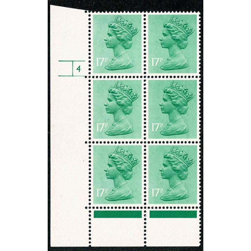 17p pale green PCP2/PVAD cyl. 4 no dot block of six.