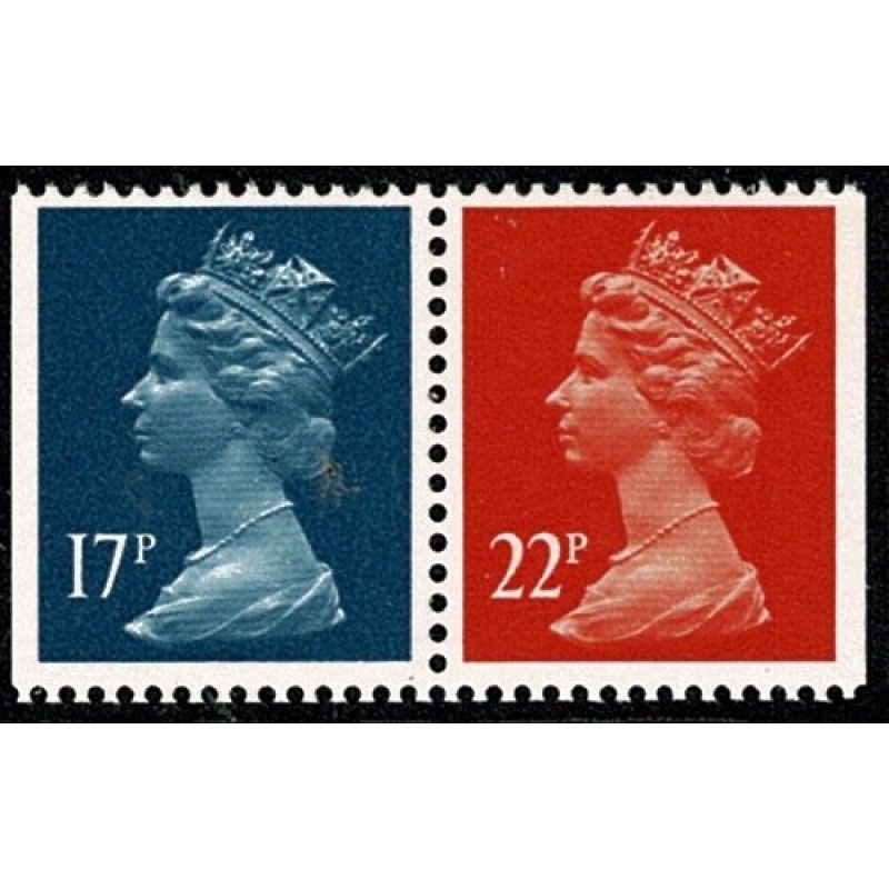 17p deep blue / 22p orange-red se-tenant pair. FCP/PVAD. MISSING PHOSPHOR. Ex DP163N £1 Windmills Book No.3.