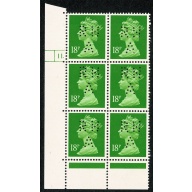 18p bright green FCP/PVAD  CB. Cyl. 11 p41 dot block of 6.  RHA Perfins.
