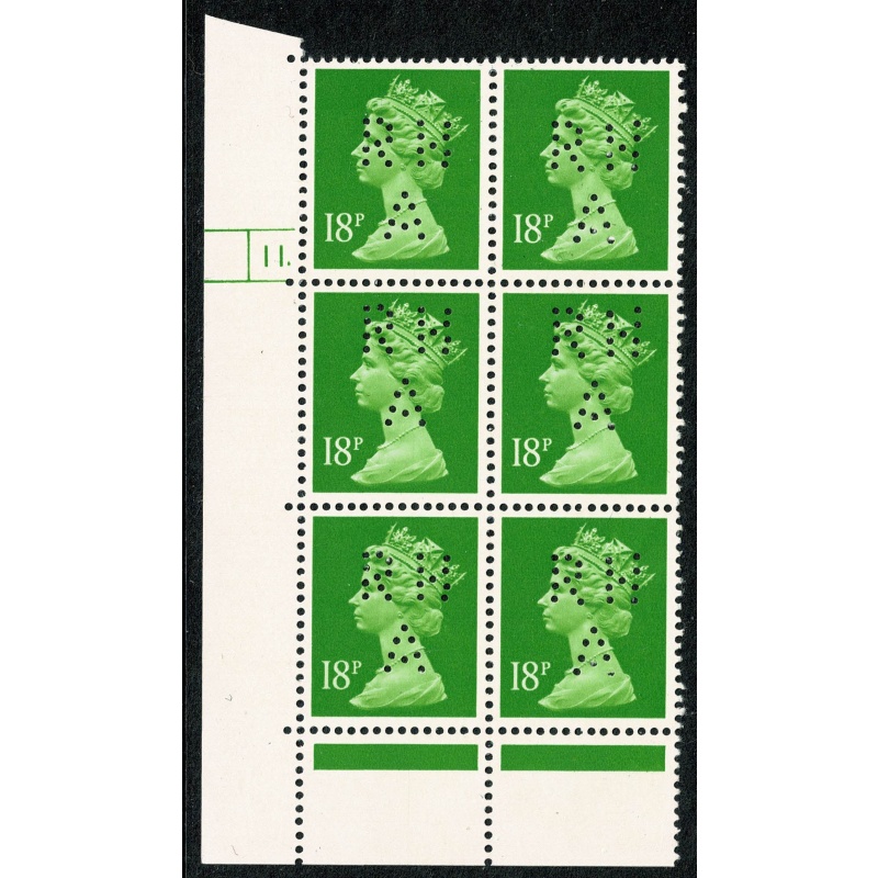 18p bright green FCP/PVAD  CB. Cyl. 11 p41 dot block of 6.  RHA Perfins.