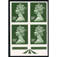 18p grey green ACP/PVAD. COMPLETELY IMPERFORATE positional block of four.