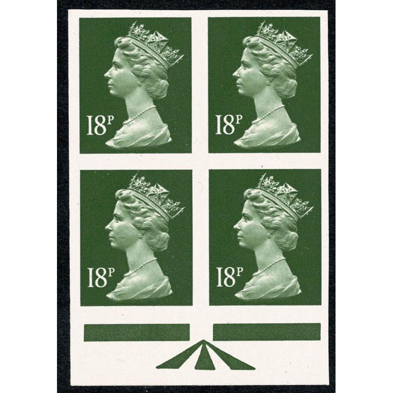 18p grey green ACP/PVAD. COMPLETELY IMPERFORATE positional block of four.