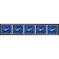 1957 1d ultramarine. Graphite Lines. Watermark Edward’s Crown. Listed variety. "white flaw on shamrock leaf" Vertical coil strip of five.