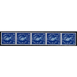 1957 1d ultramarine. Graphite Lines. Watermark Edward’s Crown. Listed variety. "white flaw on shamrock leaf" Vertical coil strip of five.