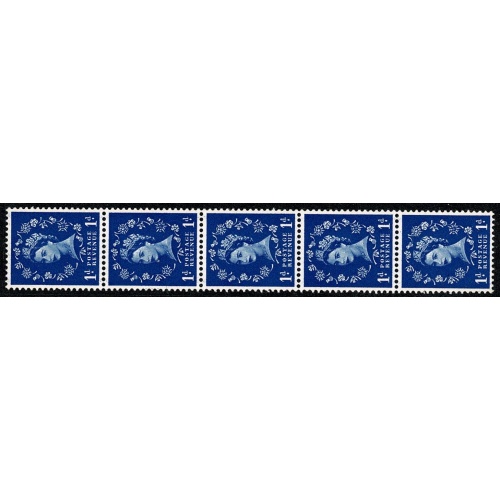 1957 1d ultramarine. Graphite Lines. Watermark Edward’s Crown. Listed variety. "white flaw on shamrock leaf" Vertical coil strip of five.