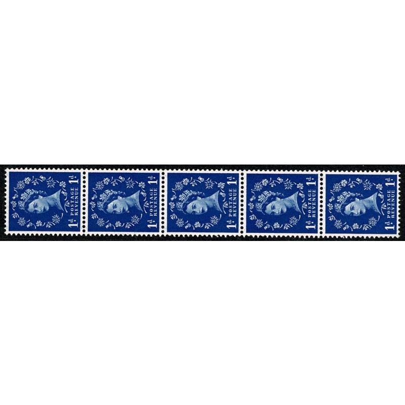 1957 1d ultramarine. Graphite Lines. Watermark Edward’s Crown. Listed variety. "white flaw on shamrock leaf" Vertical coil strip of five.
