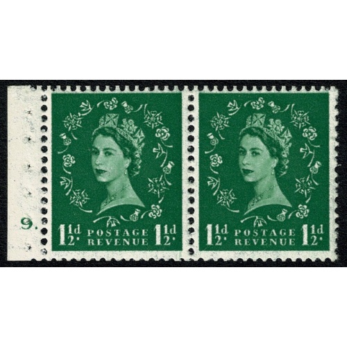 SB61. 1½d green Tudor Crown Wmk Upright. Perf E. Cylinder 9 dot with listed variety. SB61a