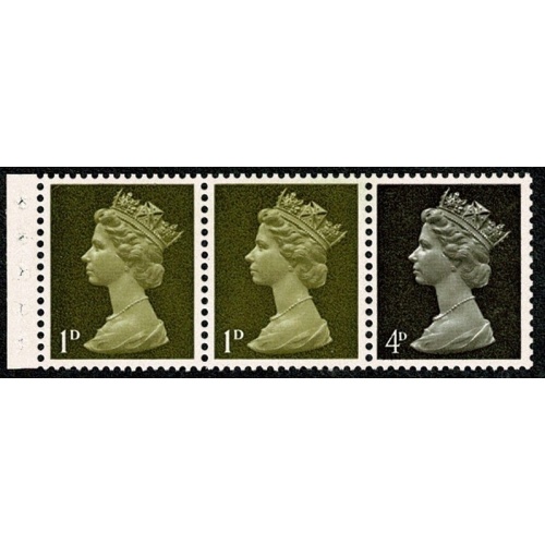 1d yellowish-olive Head A x 2, 4d sepia Head A. PVA. MISSING PHOSPHOR s/t strip of 3.