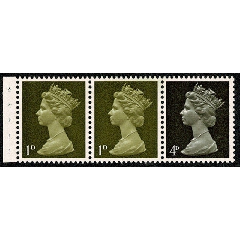 1d yellowish-olive Head A x 2, 4d sepia Head A. PVA. MISSING PHOSPHOR s/t strip of 3.