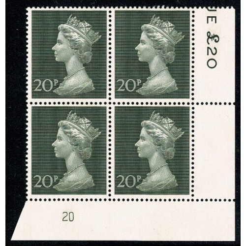 20p olive-green Plate 20 block of four.