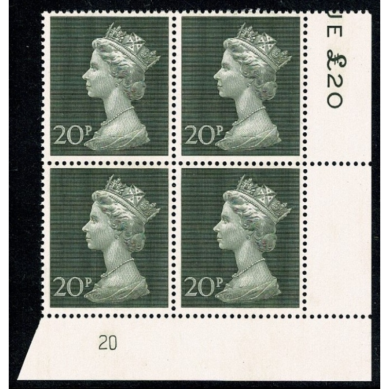 20p olive-green Plate 20 block of four.