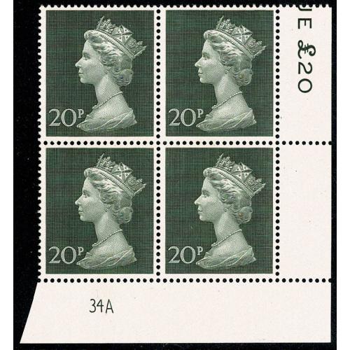 20p olive green. Plate 34A block of four.