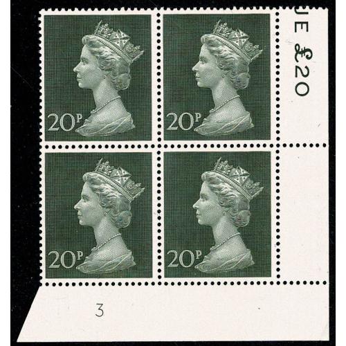 20p olive green. Plate 3 block of four.
