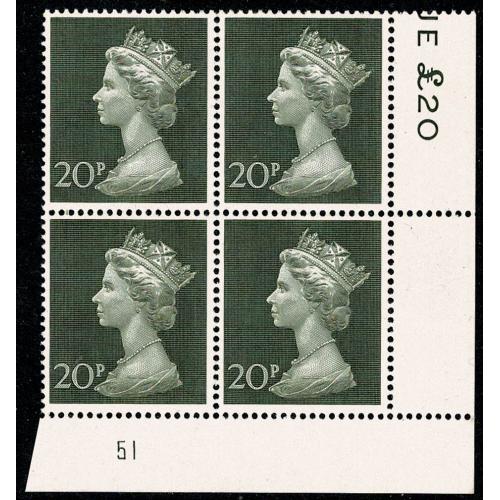 20p olive green. Plate 51 block of four.