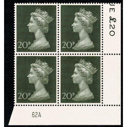 20p olive green. Plate 62A block of four.