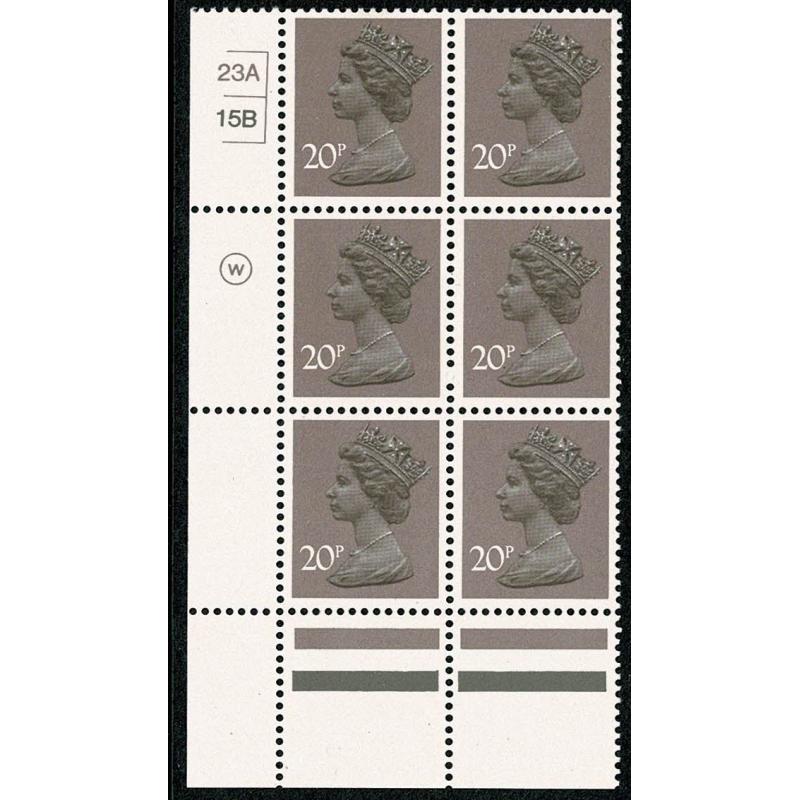 20p deep sepia & purple (blackish) ACP/PVAD. Cyl 23A 15B no dot  block of six