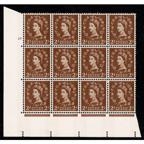 2d light red brown. 2B  Wmk Multiple Crowns violet phosphor 9.5mm. Cyl 27 no dot block of 12.