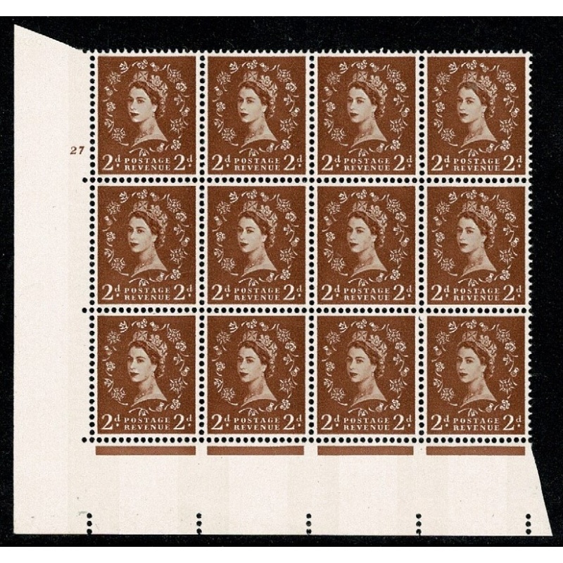 2d light red brown. 2B  Wmk Multiple Crowns violet phosphor 9.5mm. Cyl 27 no dot block of 12.