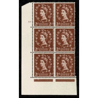 1956 2d light red-brown. Watermark Edward's Crown. Cyl 10 no dot block of six with "dot on shamrock flaw". SG Spec. S38n