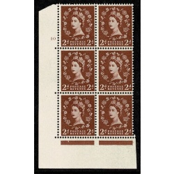 1956 2d light red-brown. Watermark Edward's Crown. Cyl 10 no dot block of six with "dot on shamrock flaw". SG Spec. S38n
