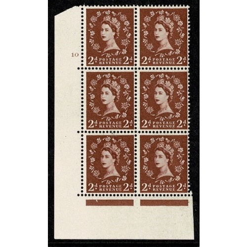 1956 2d light red-brown. Watermark Edward's Crown. Cyl 10 no dot block of six with "dot on shamrock flaw". SG Spec. S38n