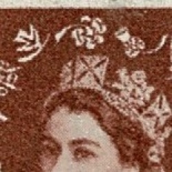1956 2d light red-brown. Watermark Edward's Crown. Cyl 10 no dot block of six with "dot on shamrock flaw". SG Spec. S38n