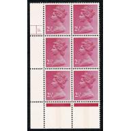 2½p pink FCP/GA CB. Cyl 11 dot p8 Perf R block of six.