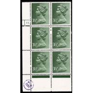 3½p olive green FCP/PVAD Cyl. 11 dot block of six  Perf R.  MISSING PHOSPHOR
