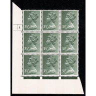 3½p olive-green OCP/PVA 2B. Cyl. 1 dot p2r  block of nine.