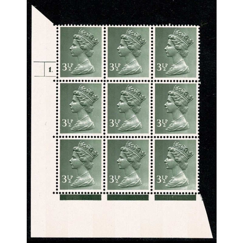 3½p olive-green OCP/PVA 2B. Cyl. 1 dot p2r  block of nine.
