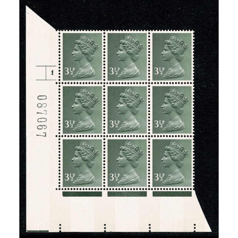 3½p olive-green OCP/PVA 2B. Cyl. 1 no  dot p2 block of nine.