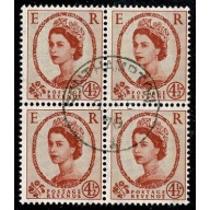 4½d Chestnut. Watermark Multiple Crowns 2B (photo). Fine used block of four. SG 616b