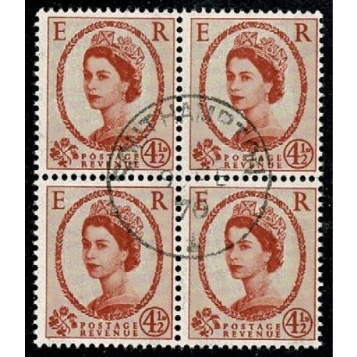 4½d Chestnut. Watermark Multiple Crowns 2B (photo). Fine used block of four. SG 616b