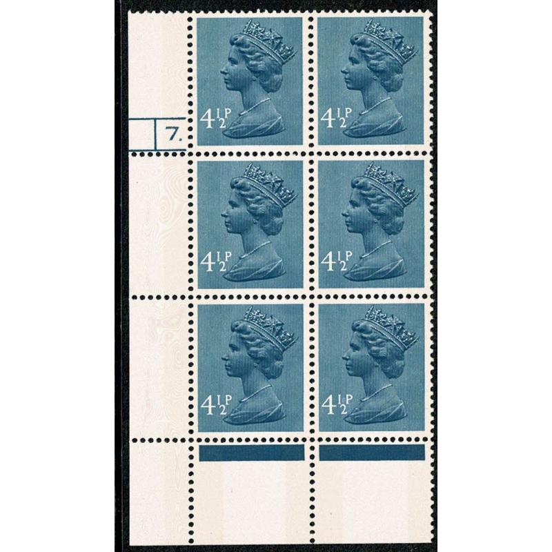 4½p grey blue  PCP/PVAD + 2B. Cyl 7 dot p17 Perf R. Cyl. block of six.