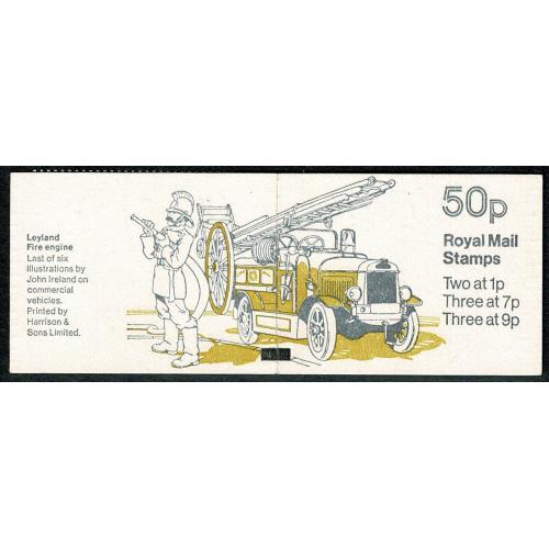 50p Commercial Vehicles No.6 "Leyland Fire Engine". DP28 (7p at left) Perf E1. Book Marker Bar on cover.