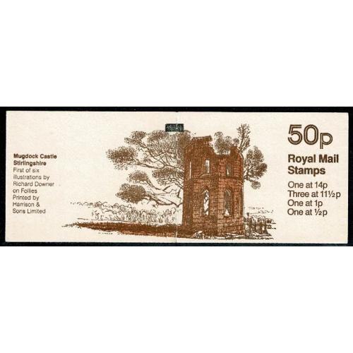 50p Follies No.2 Mugdock Castle  Black Marker Bar on cover. Pane DP45 Perf E1.